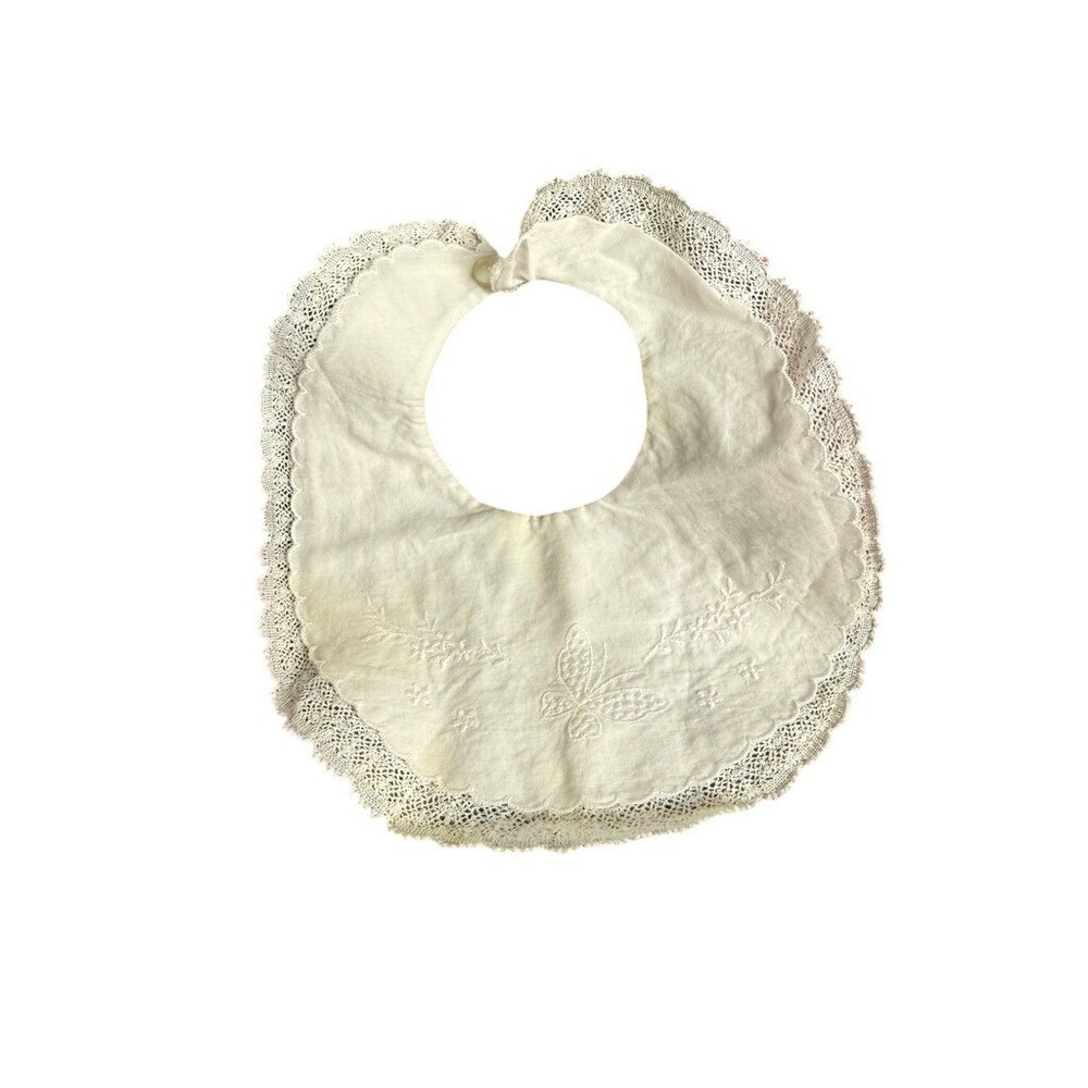 Vintage Baby‎ Bib Embroidered Butterfly Lace Trim - White Heirloom Christening
